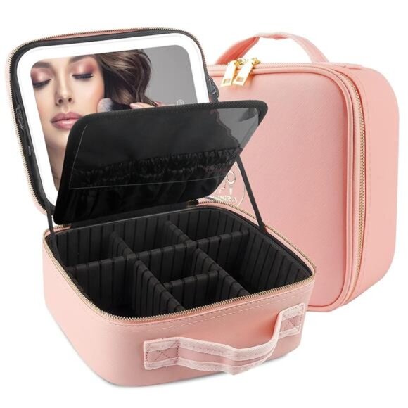 Travel Makeup Case with Large Lighted Mirror Partitionable Cosmetic Bag - Picture 1 of 7